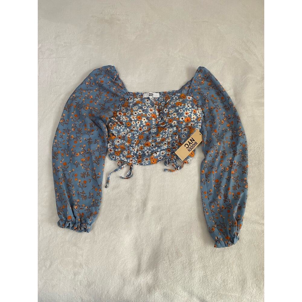 Madden NYC Women's Long Sleeve Crop Top Blouse, Floral Print , Size S